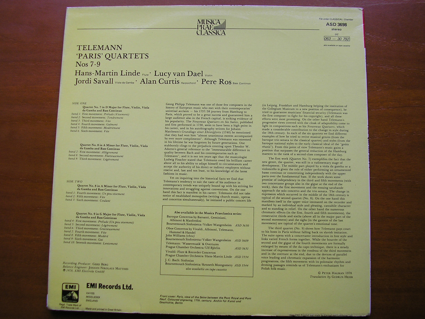TELEMANN: PARIS QUARTETS Nos. 7 - 9 LINDE / van DAEL / SAVALL / CURTIS / ROS ASD 3698