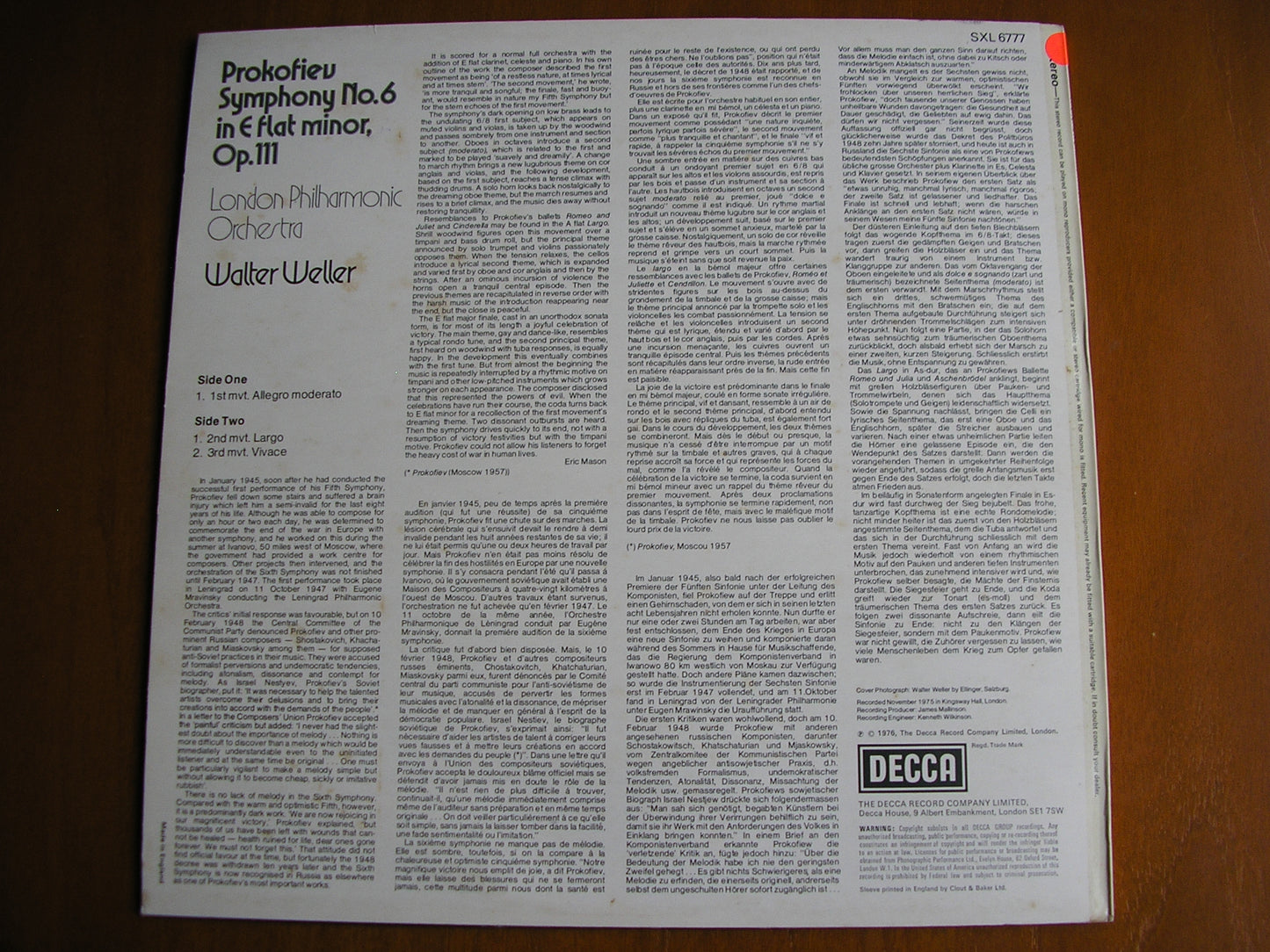 PROKOFIEV: SYMPHONY No. 6 WELLER / LONDON PHILHARMONIC test pressing SXL 6777