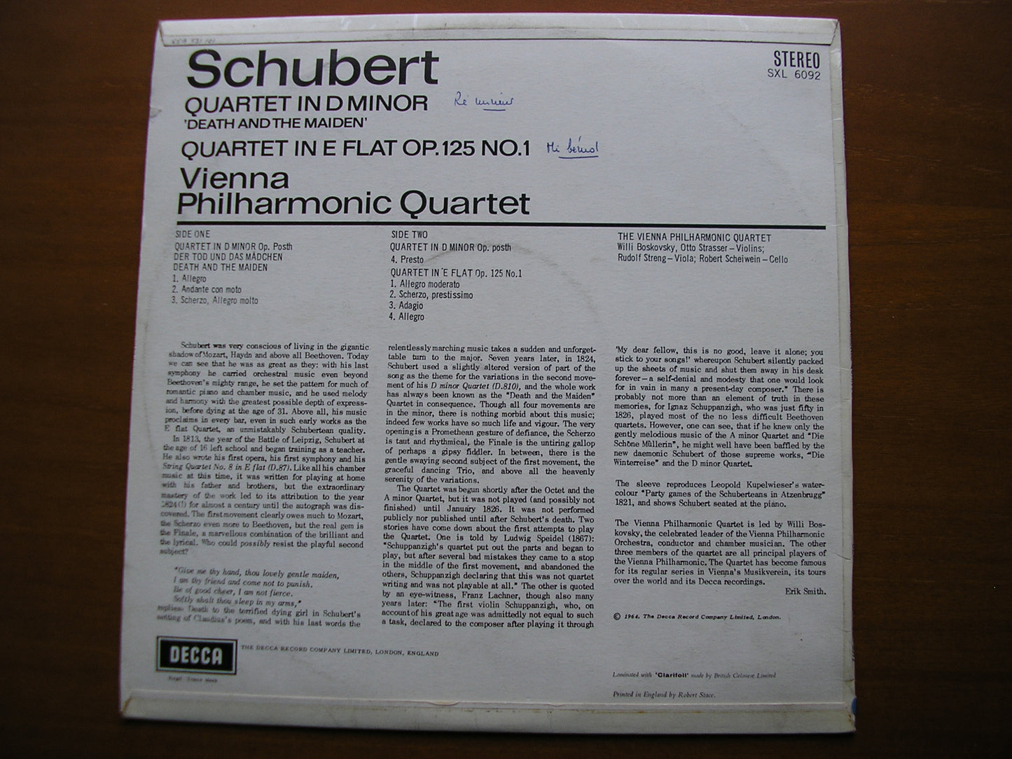 SXL 6092 SCHUBERT: STRING QUARTET in D 'Death & the Maiden' / QUARTET in E VIENNA PHILHARMONIC QUARTET ED1
