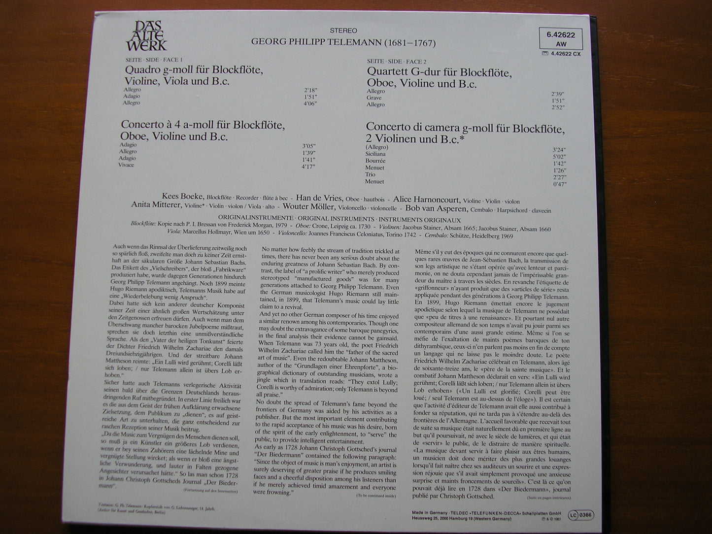 TELEMANN: FOUR QUARTETS FOR RECORDER     BOEKE / de VRIES / HARNONCOURT / van ASPEREN / MOLLER / MITTERER     6.42622
