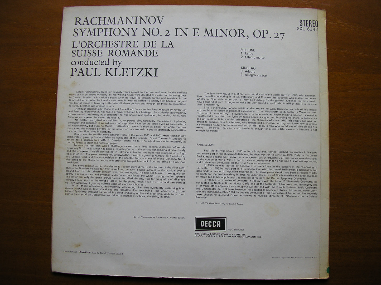 SXL 6342 RACHMANINOV: SYMPHONY No. 2 KLETZKI / SUISSE ROMANDE ED2