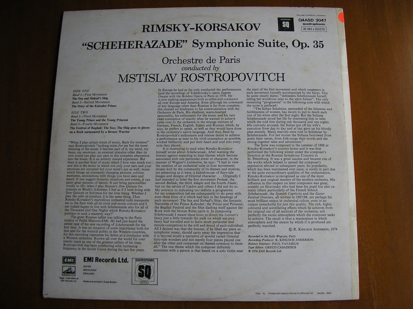 RIMSKY-KORSAKOV: SCHEHERAZADE ROSTROPOVICH / ORCHESTRA DE PARIS test pressing Q4ASD 3047