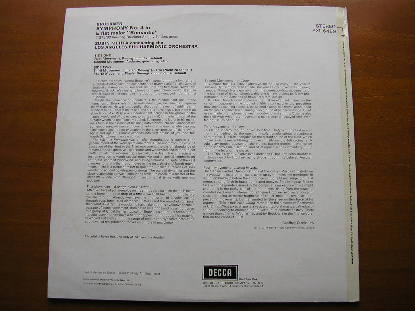 BRUCKNER: SYMPHONY No. 4 'Romantic'       MEHTA / LOS ANGELES PHILHARMONIC     SXL 6489