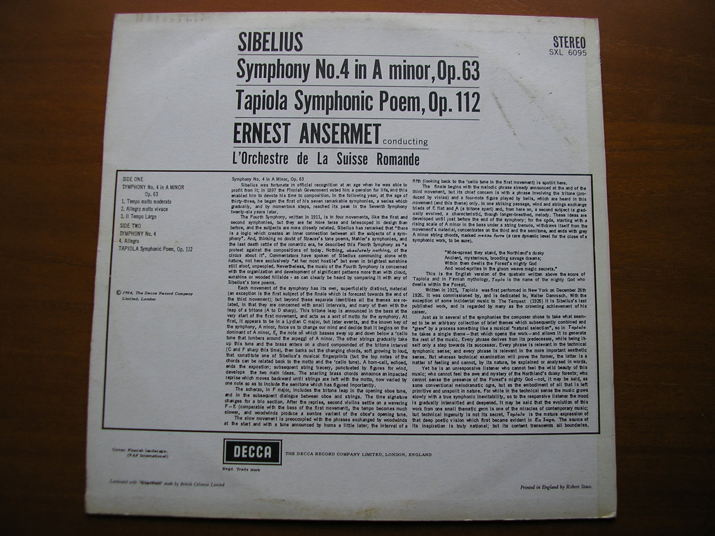 SXL 6095 SIBELIUS: SYMPHONY No. 4 / TAPIOLA ANSERMET / SUISSE ROMANDE ED1