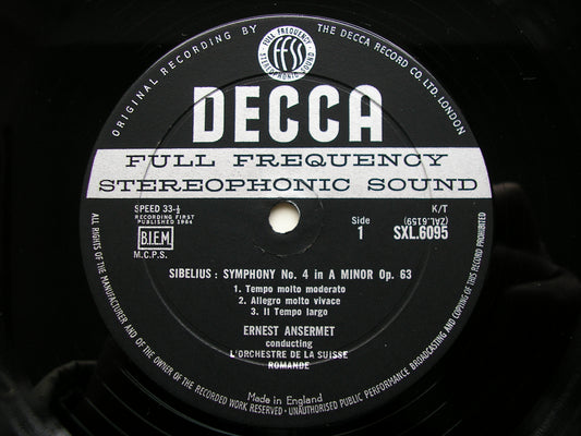 SXL 6095 SIBELIUS: SYMPHONY No. 4 / TAPIOLA ANSERMET / SUISSE ROMANDE ED1