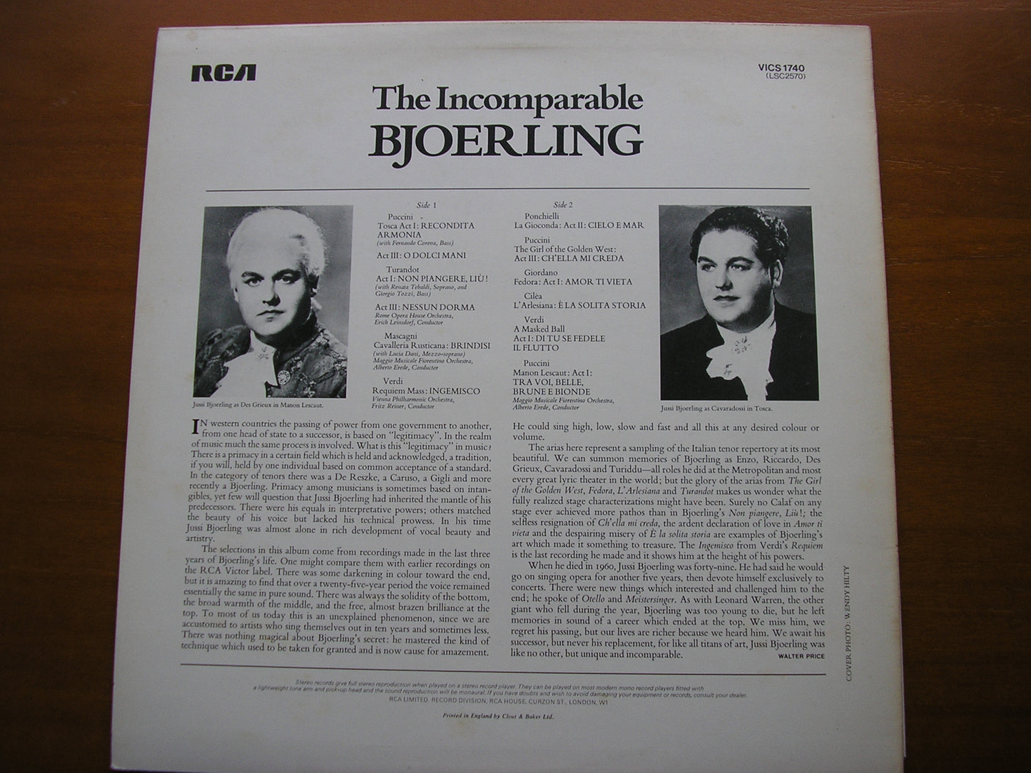 THE INCOMPARABLE BJOERLING: OPERA ARIAS JUSSI BJOERLING / REINER / LEINSDORF / EREDE VICS 1740