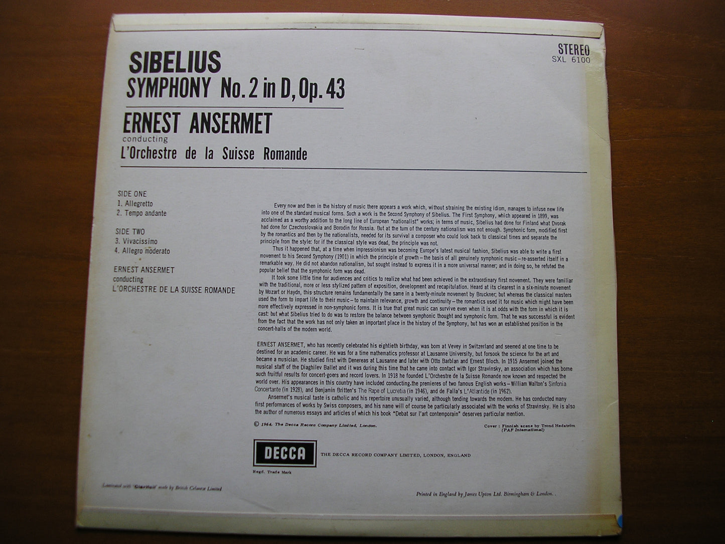 SXL 6100 SIBELIUS: SYMPHONY No. 2 ANSERMET / SUISSE ROMANDE ED1