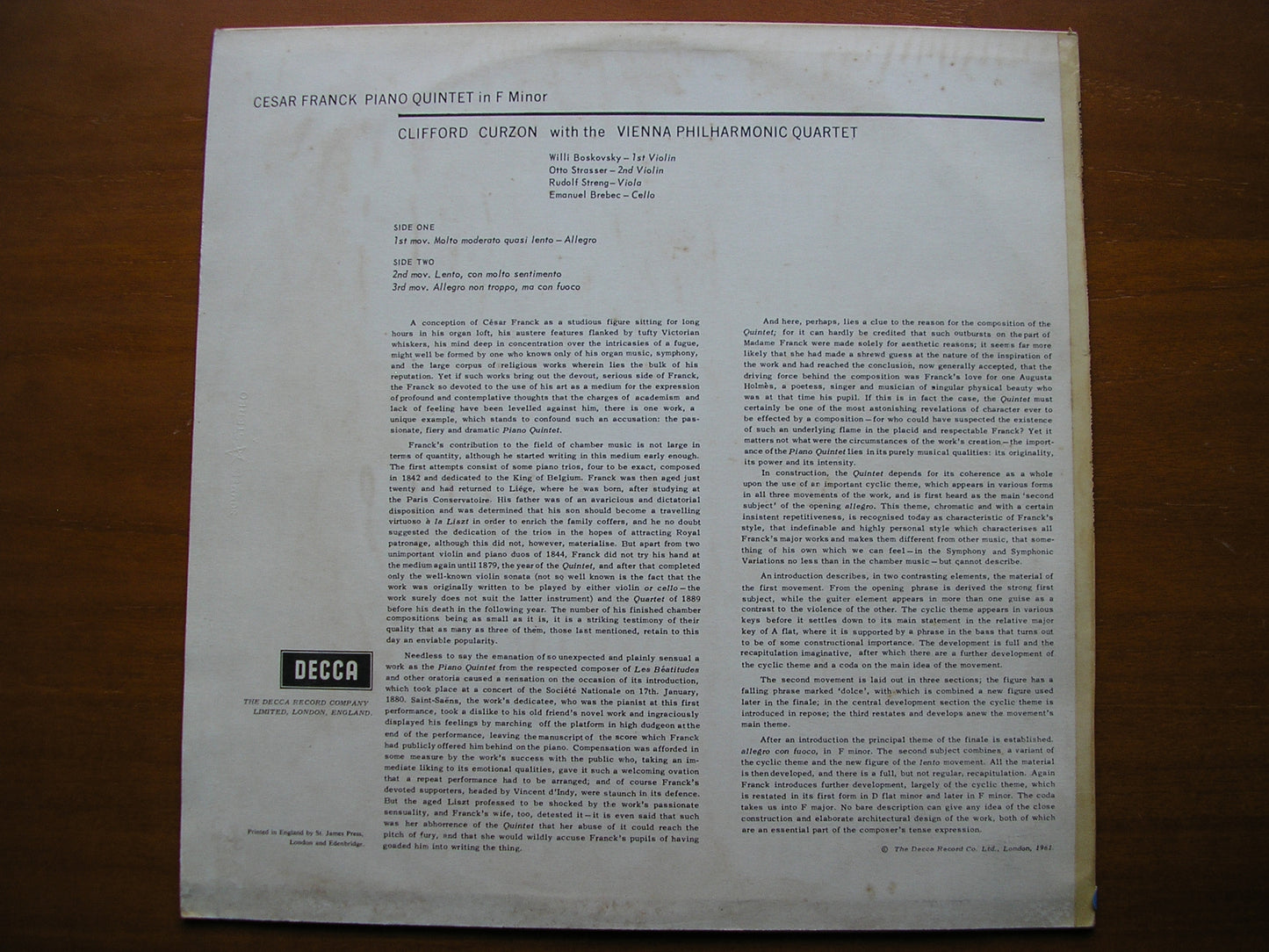 FRANCK: PIANO QUINTET in F CURZON / VIENNA PHILHARMONIC QUARTET SXL 2278