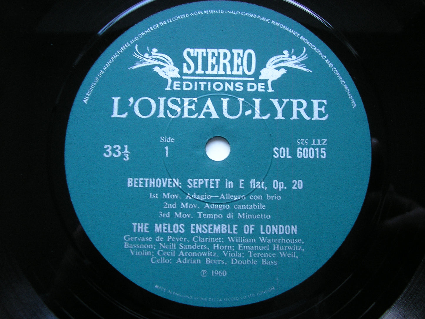 BEETHOVEN: SEPTET in E    THE MELOS ENSEMBLE    SOL 60015