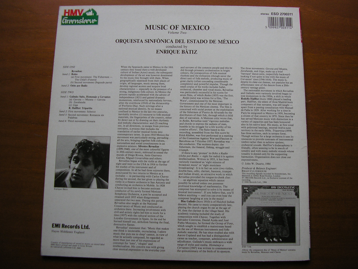 MUSIC OF MEXICO Volume 2   HALFFTER / GALINDO / REVUELTAS     BATIZ / MEXICAN STATE ORCHESTRA    ESD 2700311