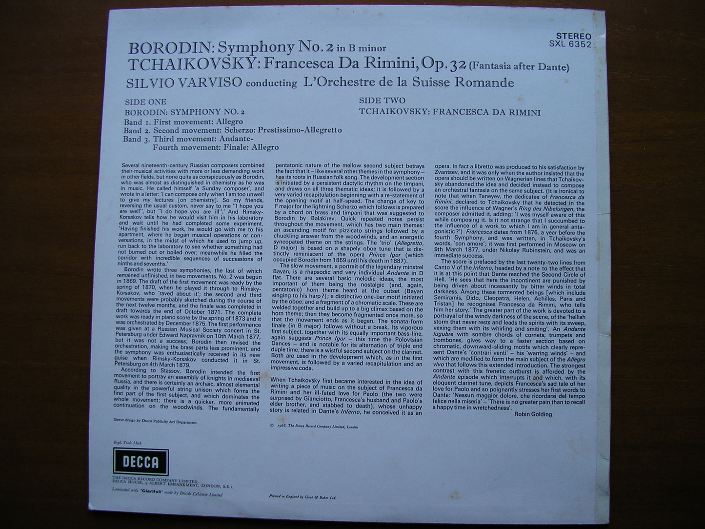 SXL 6352 BORODIN: SYMPHONY No. 2 / TCHAIKOVSKY: FRANCESCA DA RIMINI VARVISO / SUISSE ROMANDE ED2