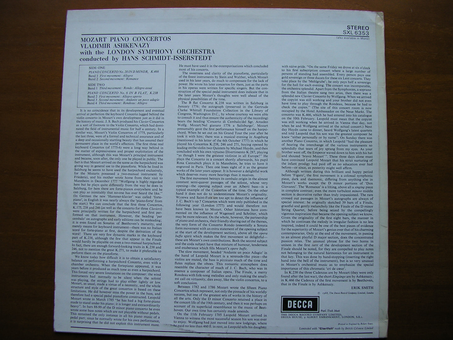 SXL 6353 MOZART: PIANO CONCERTOS Nos. 6 & 20 ASHKENAZY / LONDON SYMPHONY / SCHMIDT-ISSERSTEDT ED2