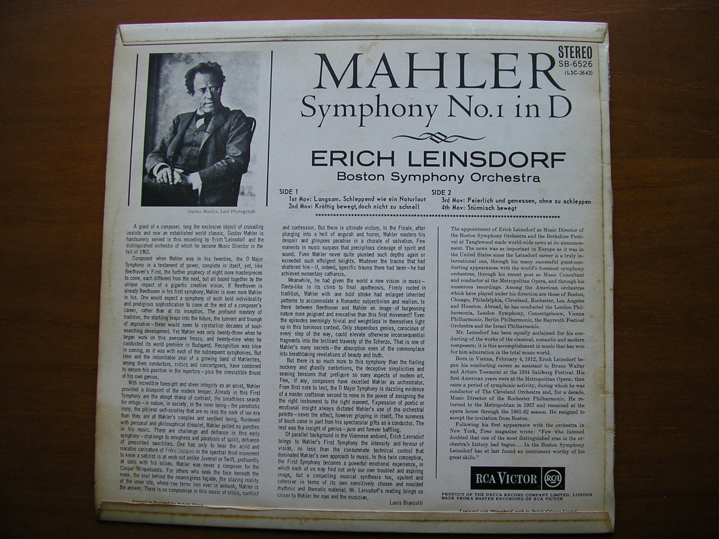 MAHLER: SYMPHONY No. 1 LEINSDORF / BOSTON SYMPHONY SB 6526