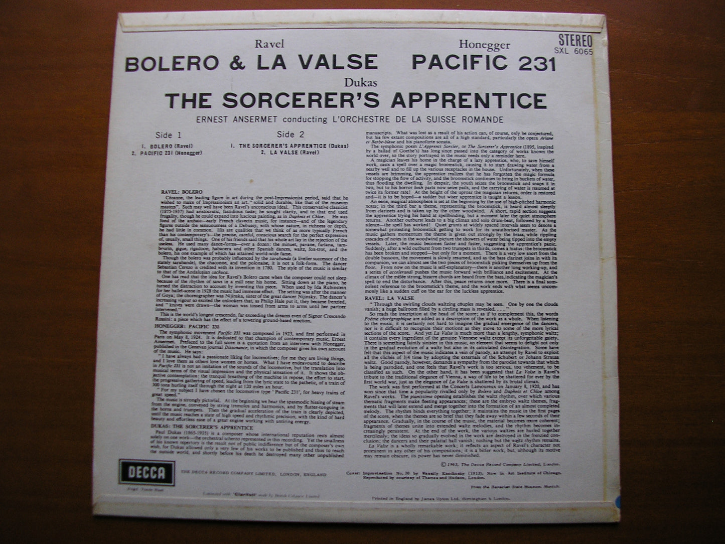 SXL 6065 RAVEL: BOLERO / LA VALSE / HONEGGER: PACIFIC 231 / DUKAS: THE SORCERER'S APPRENTICE ANSERMET / SUISSE ROMANDE ED1