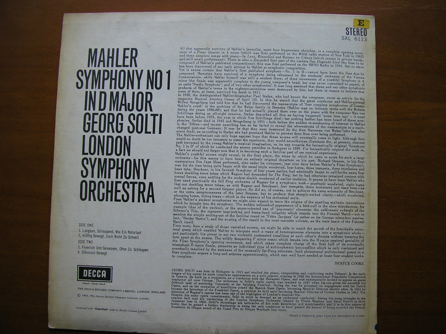 MAHLER: SYMPHONY No. 1 SOLTI / LONDON SYMPHONY SXL 6113