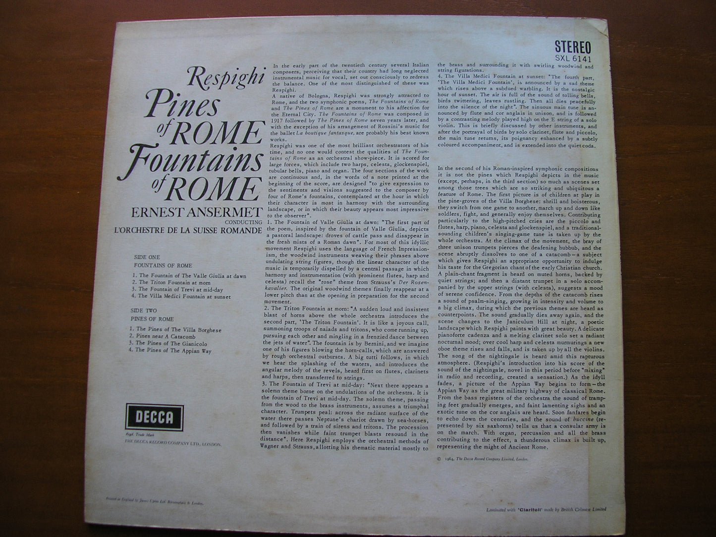 RESPIGHI: PINES OF ROME / FOUNTAINS OF ROME  ANSERMET / SUISSE ROMANDE  SXL 6141