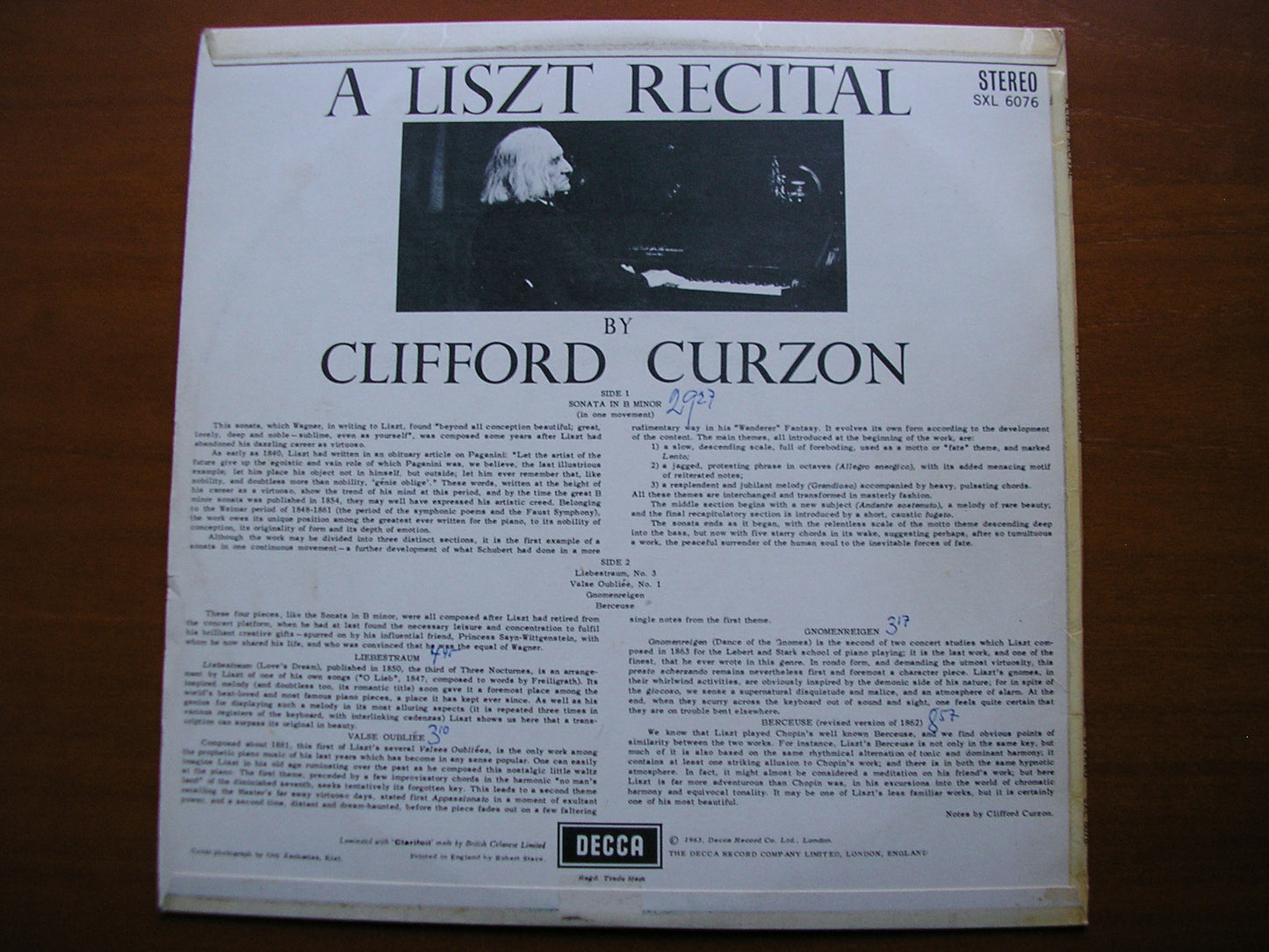SXL 6076 LISZT: SONATA in B / LIEBESTRAUM / BERCEUSE / VALSE OUBLIEE CLIFFORD CURZON ED1