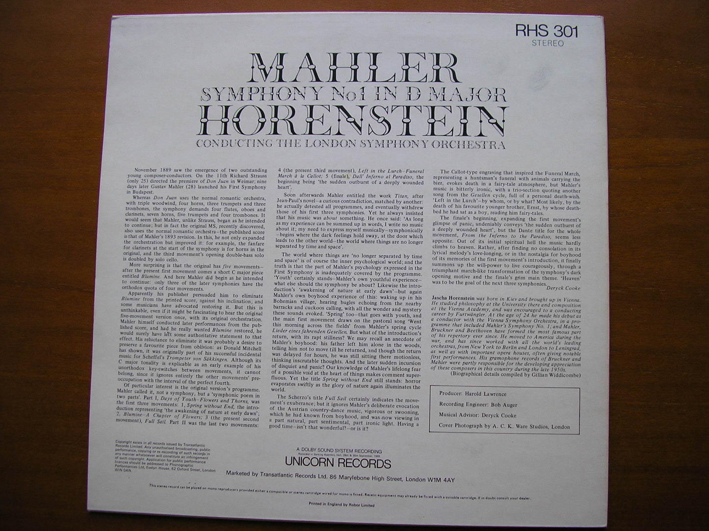 MAHLER: SYMPHONY No. 1 HORENSTEIN / LONDON SYMPHONY RHS 301