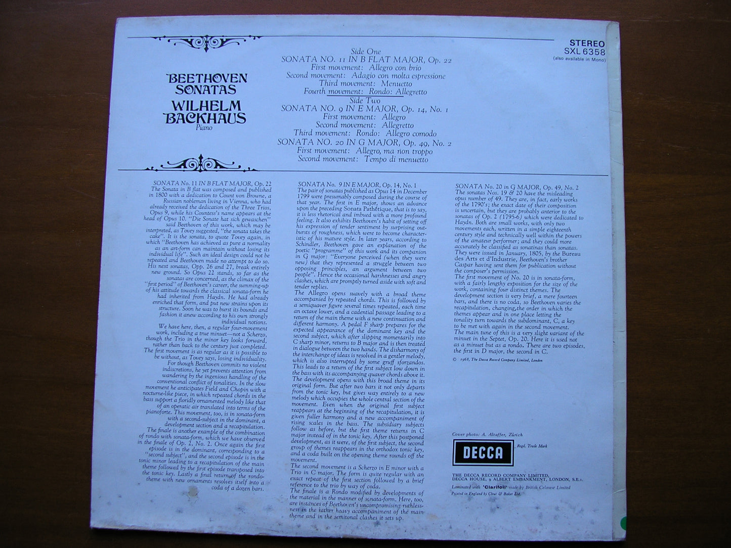 SXL 6358 BEETHOVEN: PIANO SONATAS Nos. 9 / 11 / 20 BACKHAUS ED2