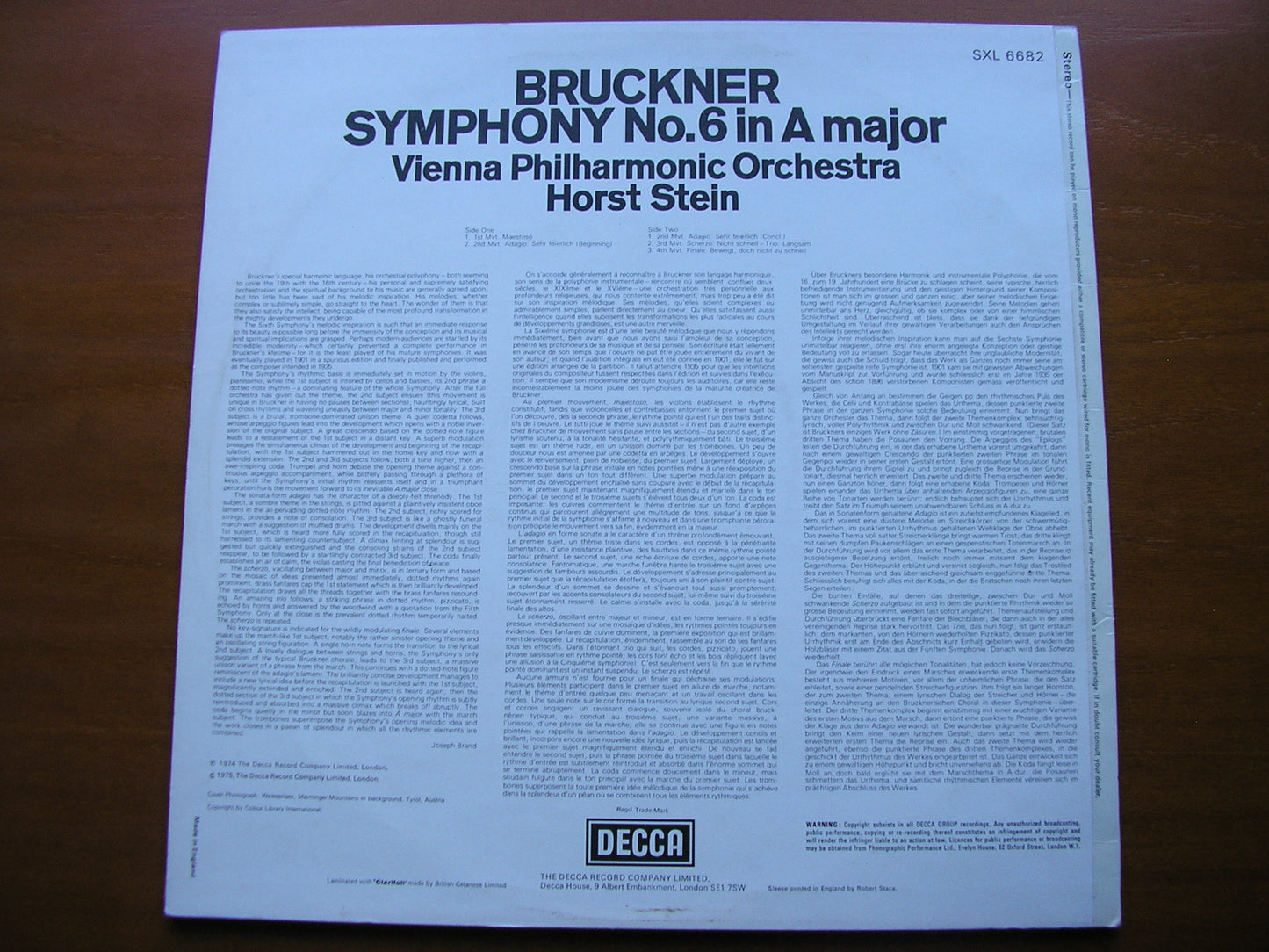 BRUCKNER: SYMPHONY No. 6     STEIN / VIENNA PHILHARMONIC    SXL 6682