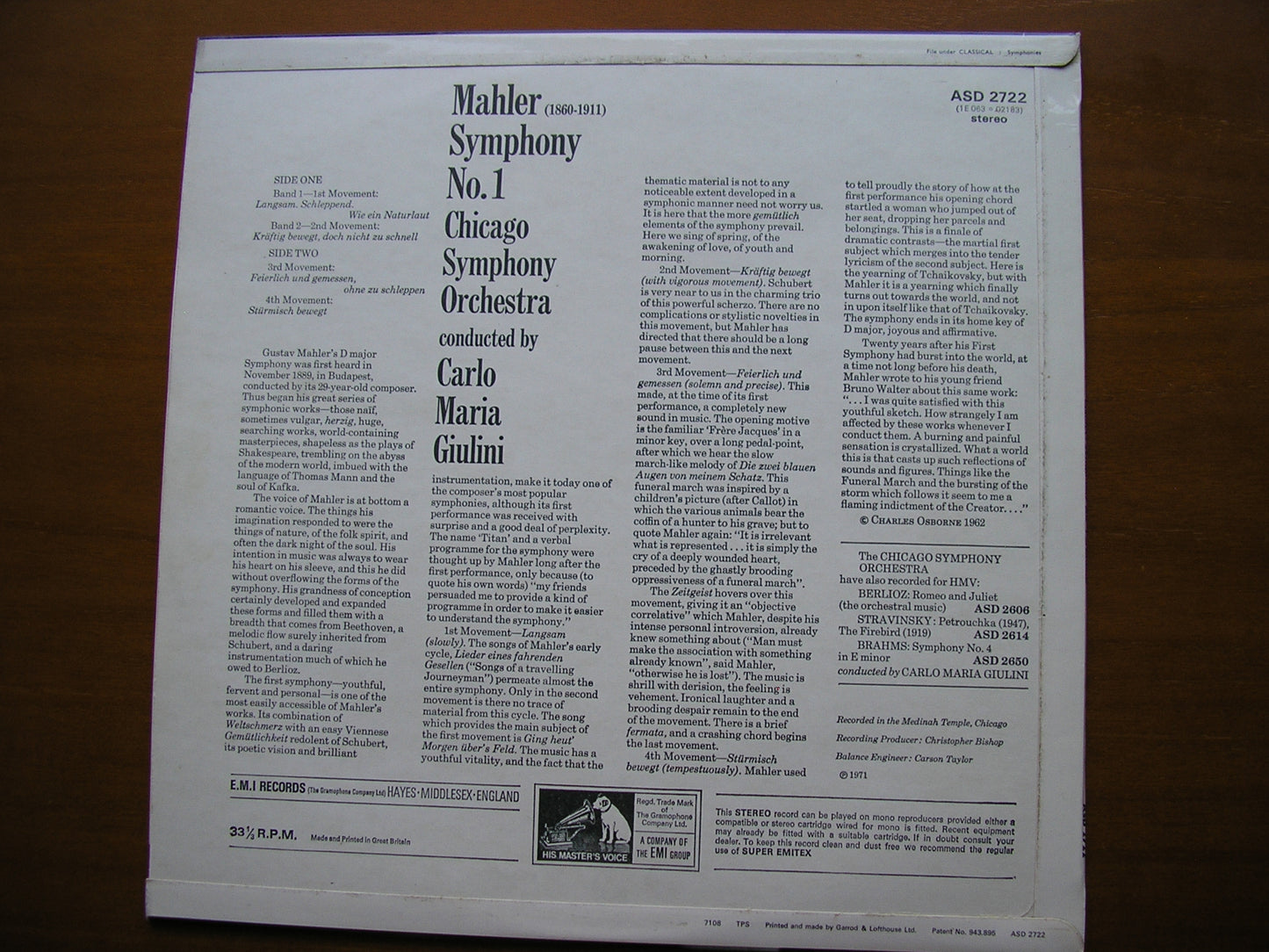 MAHLER: SYMPHONY No. 1 GIULINI / CHICAGO SYMPHONY ASD 2722