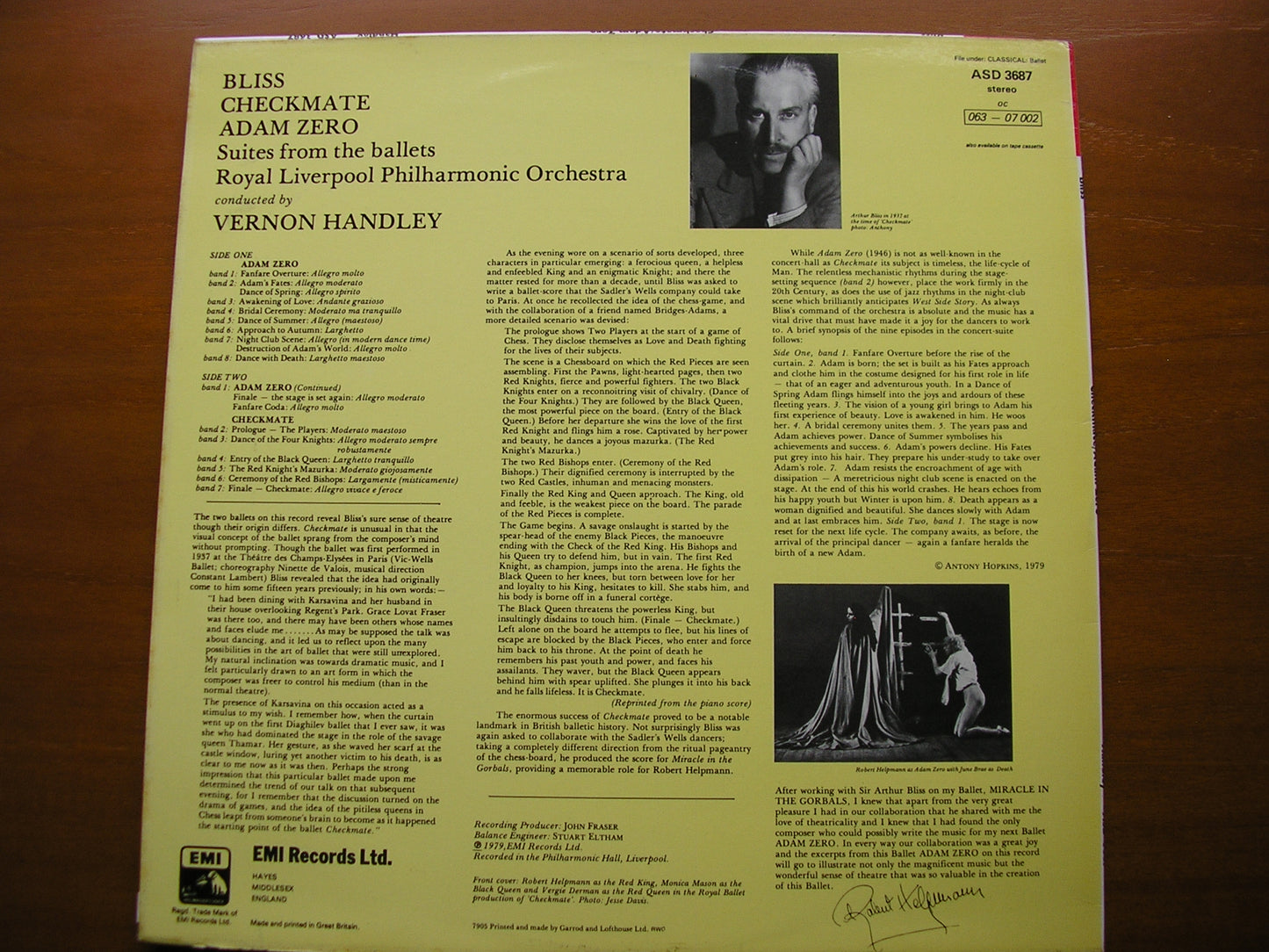 BLISS: CHECKMATE / ADAM ZERO  ballet suites      VERNON HANDLEY / ROYAL LIVERPOOL PHILHARMONIC     ASD 3687