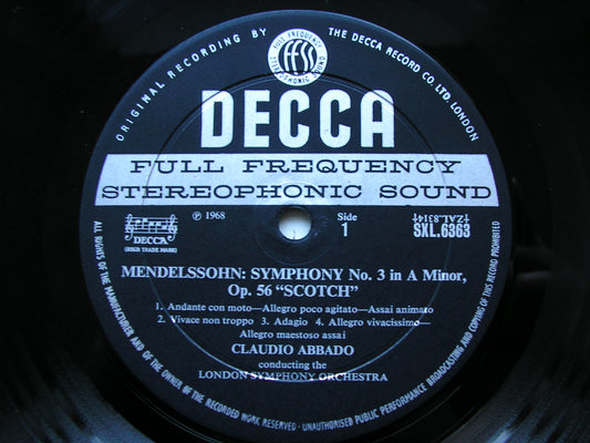 SXL 6363 MENDELSSOHN: SYMPHONIES Nos. 3 & 4 ABBADO / LONDON SYMPHONY ED1