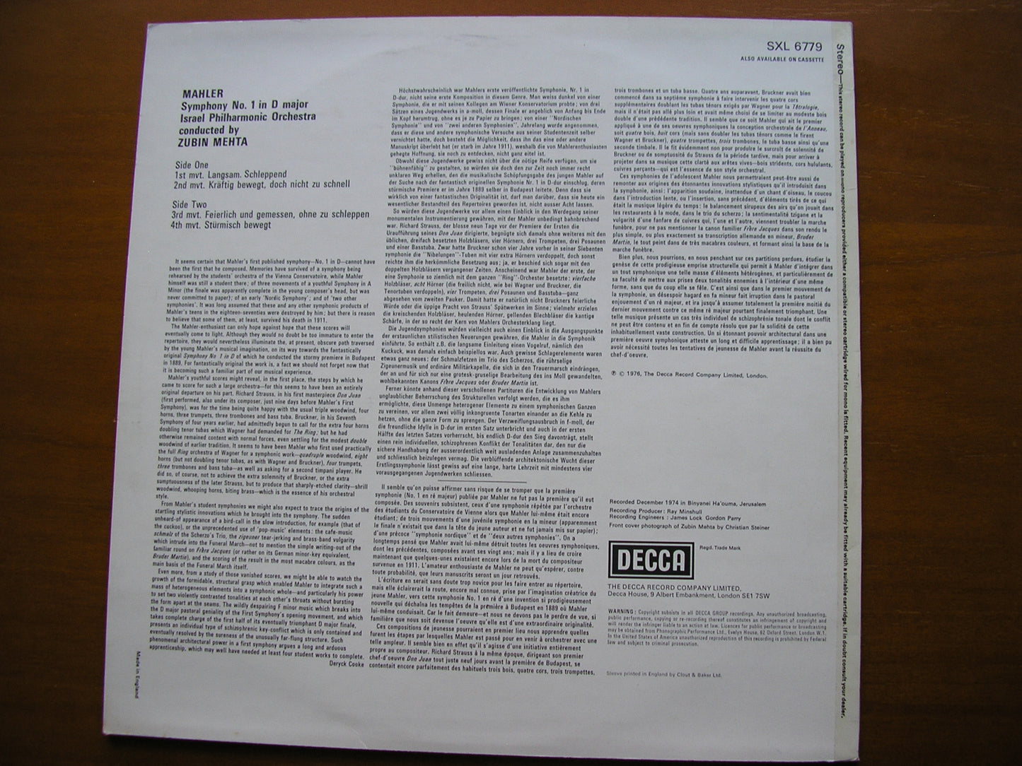 MAHLER: SYMPHONY No. 1 MEHTA / ISRAEL PHILHARMONIC SXL 6779