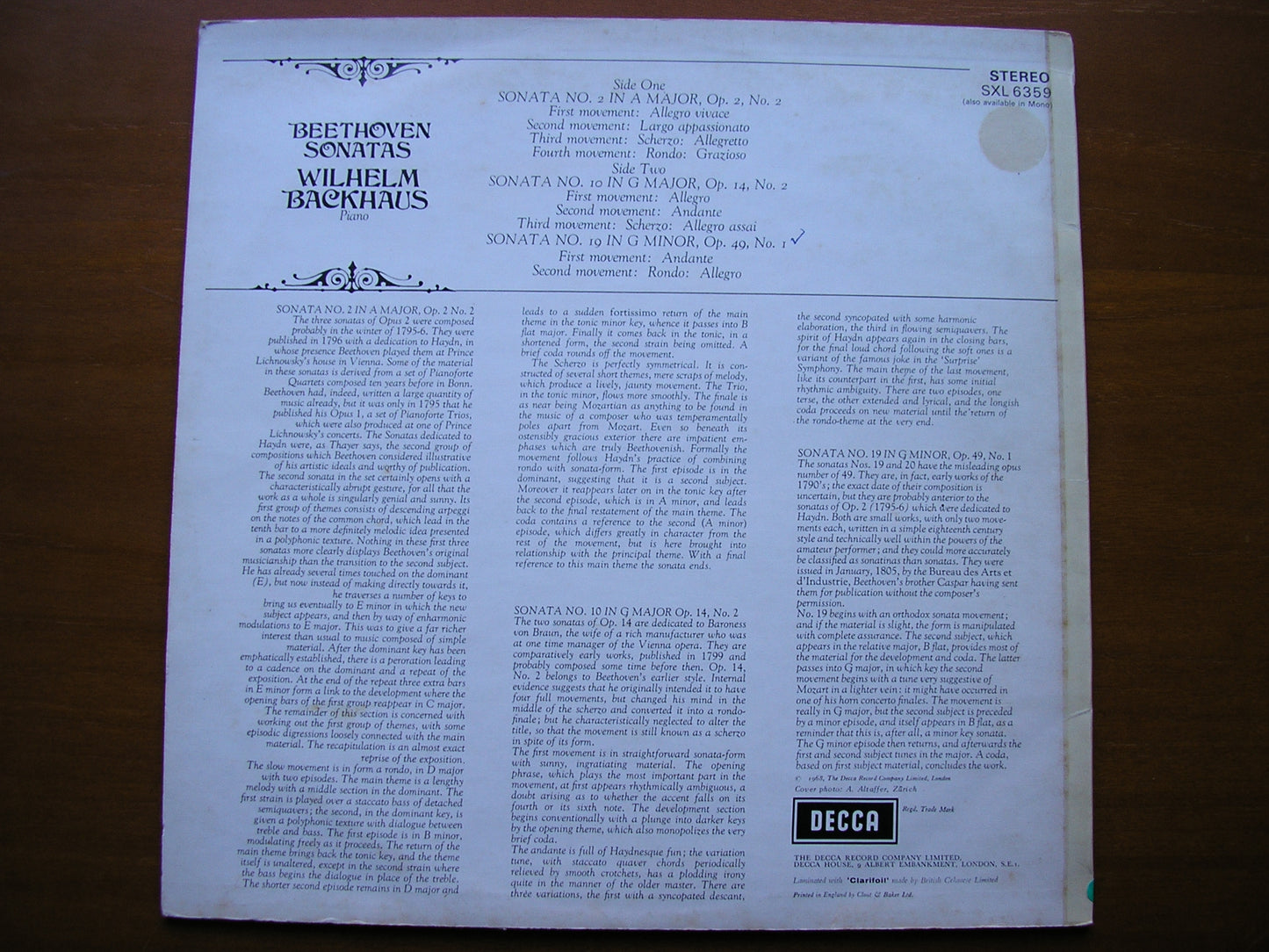 SXL 6359 BEETHOVEN: PIANO SONATAS Nos. 2 / 10 / 19 BACKHAUS ED2
