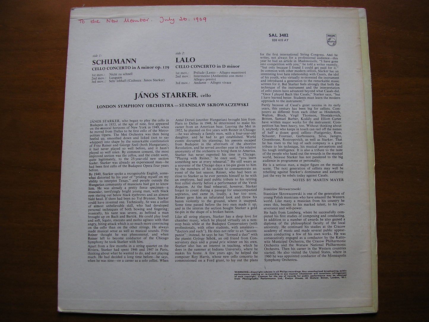 SCHUMANN: CELLO CONCERTO / LALO: CELLO CONCERTO STARKER / LONDON SYMPHONY / SKROWACZEWSKI SAL 3482