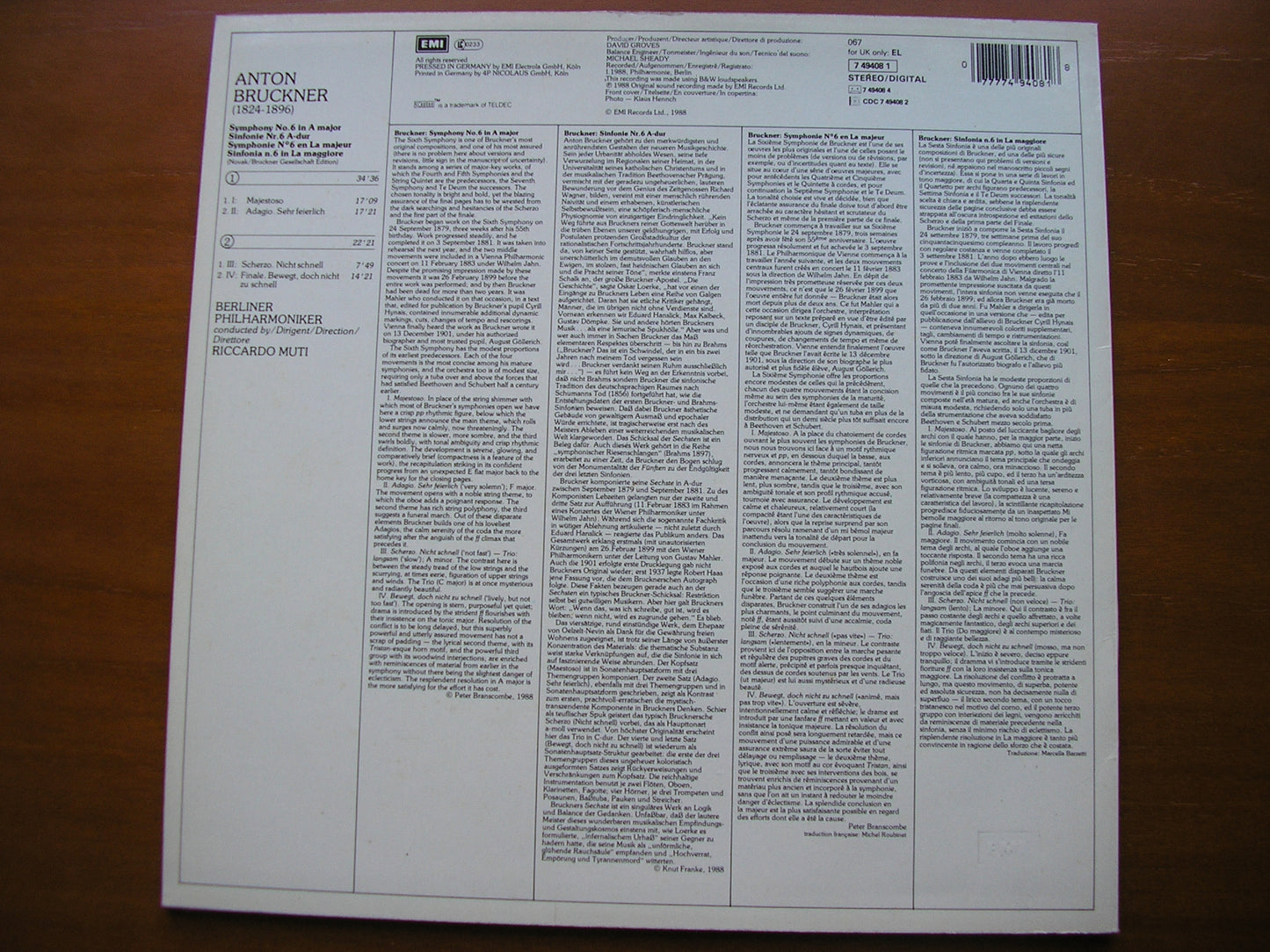 BRUCKNER: SYMPHONY No. 6 MUTI / BERLIN PHILHARMONIC ORCHESTRA 7 49408