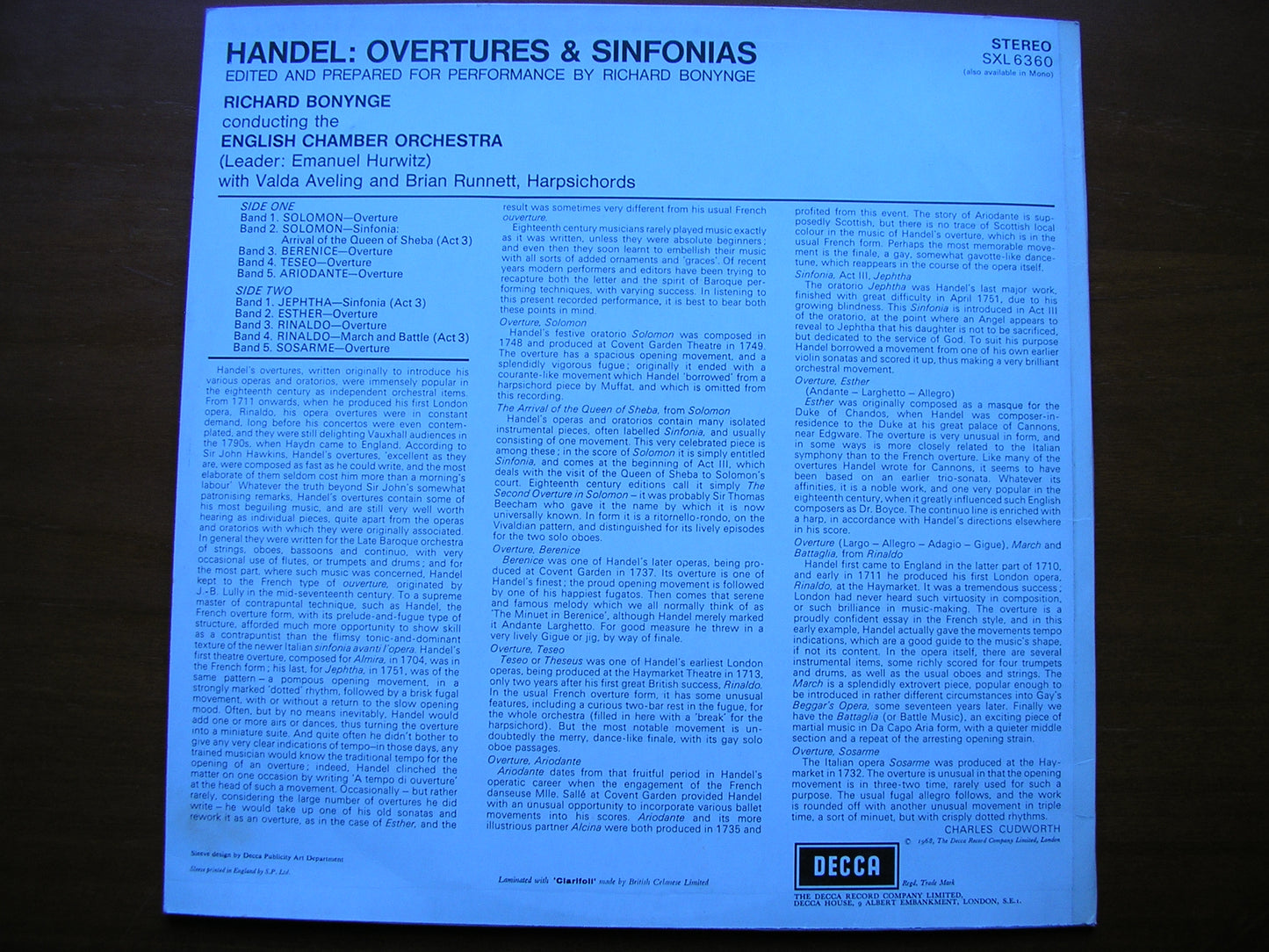 SXL 6360 HANDEL: OVERTURES & SINFONIAS BONYNGE / ENGLISH CHAMBER ORCHESTRA ED2