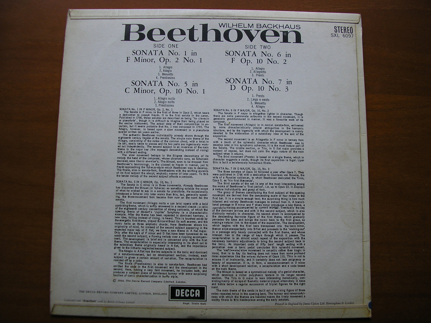 SXL 6097 BEETHOVEN: PIANO SONATAS Nos. 1 / 5 / 6 / 7 WILHELM BACKHAUS ED1