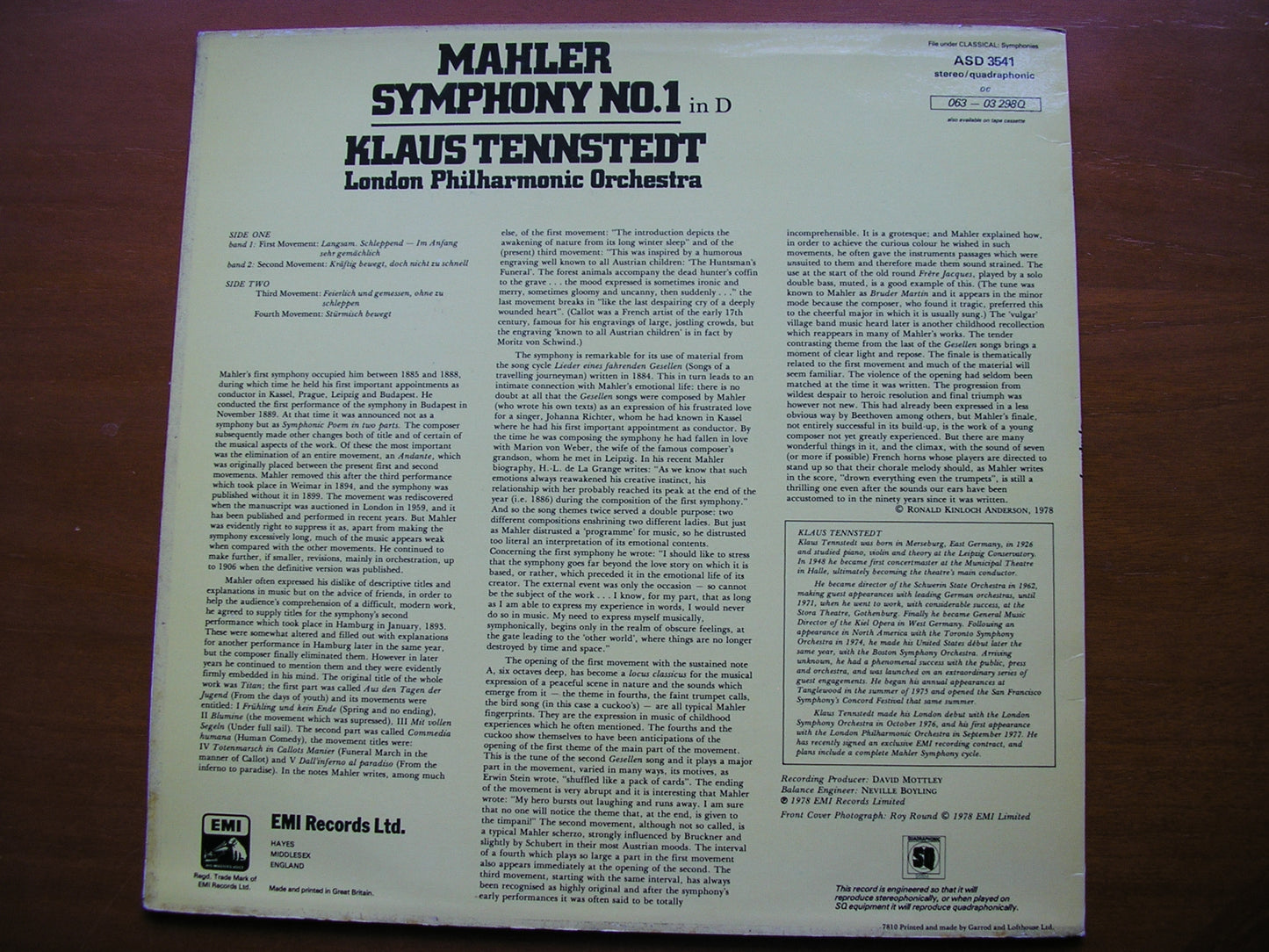 MAHLER: SYMPHONY No. 1 TENNSTEDT / LONDON PHILHARMONIC ASD 3541