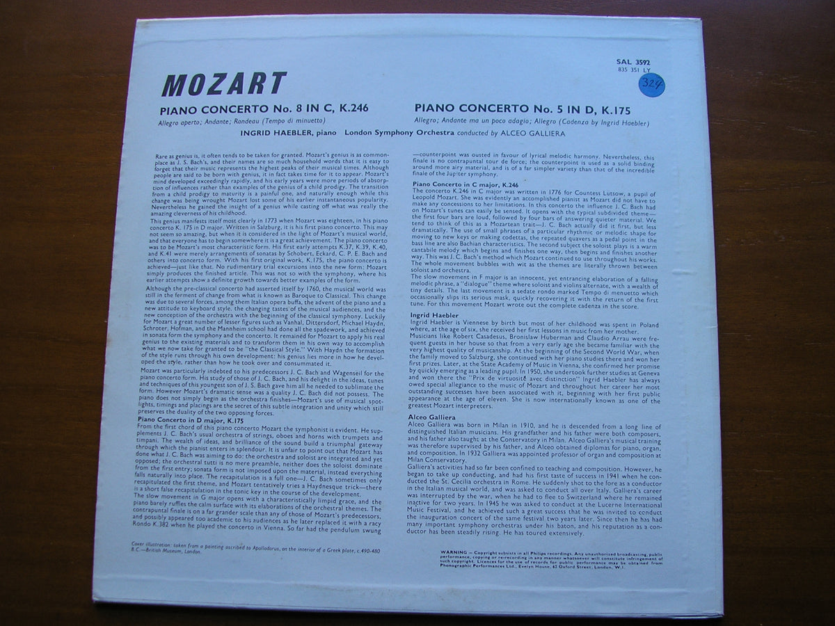 MOZART: PIANO CONCERTOS Nos. 5 & 8 HAEBLER / LONDON SYMPHONY / GALLIERA SAL 3592