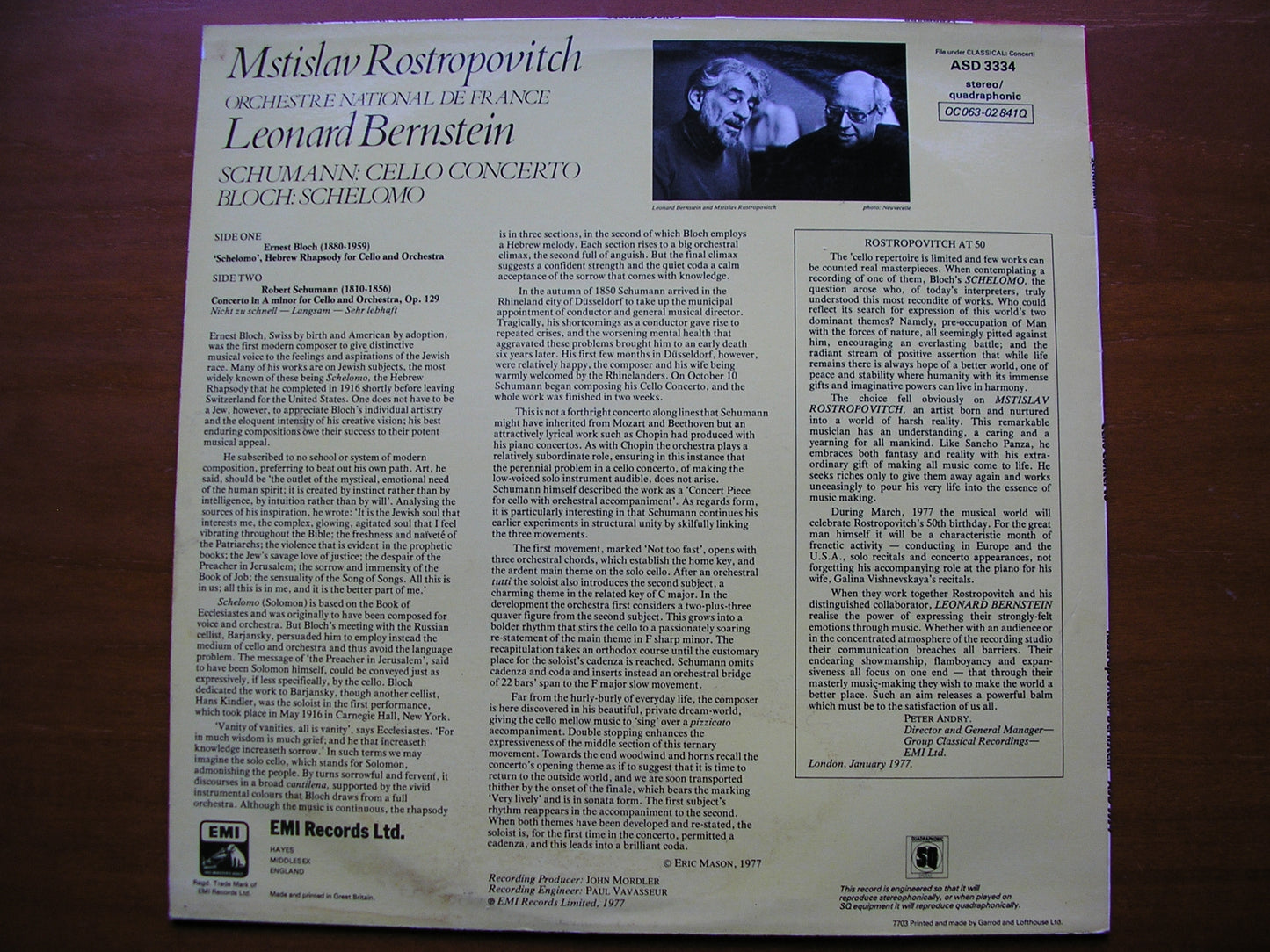 SCHUMANN: CELLO CONCERTO / BLOCH: SCHELOMO ROSTROPOVICH / FRENCH NATIONAL ORCHESTRA / BERNSTEIN ASD 3334