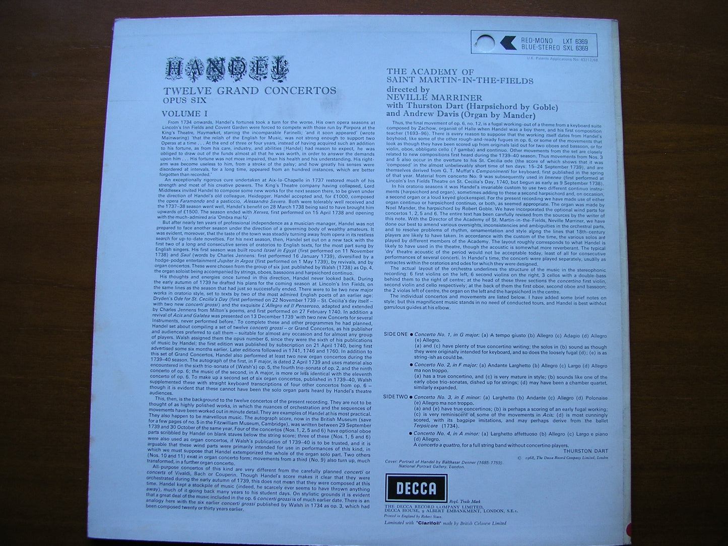 SXL 6369 HANDEL: 12 GRAND CONCERTOS Op. 6 Volume 1 MARRINER / ASMIF ED3