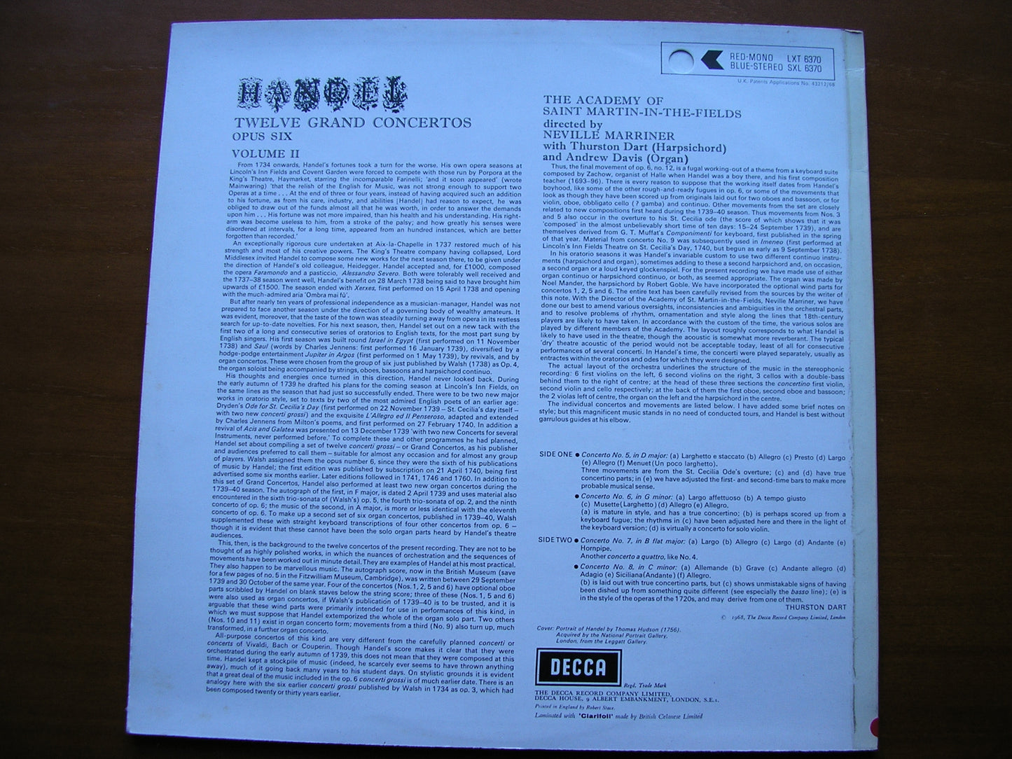 SXL 6370 HANDEL: 12 GRAND CONCERTOS Op. 6 Volume 2 MARRINER / ASMIF ED3