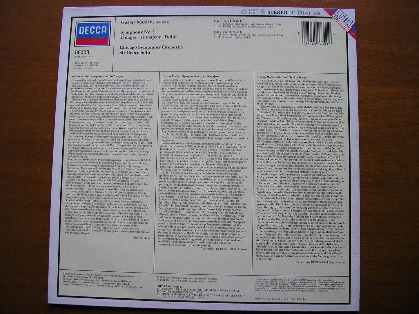MAHLER: SYMPHONY No. 1 SOLTI / CHICAGO SYMPHONY 411 731