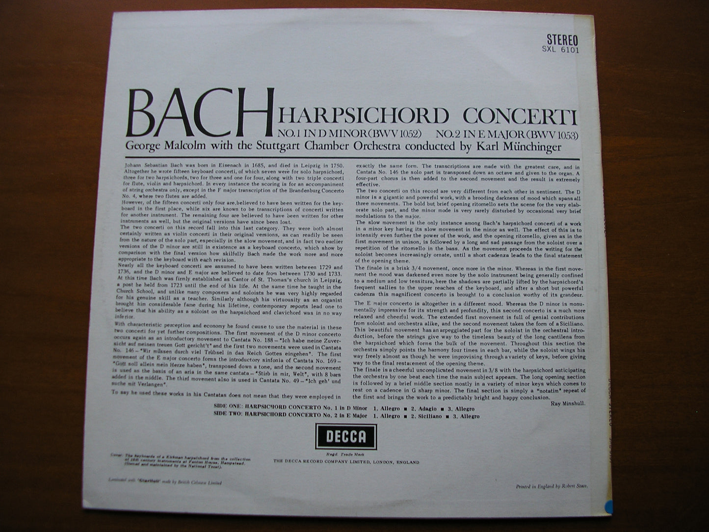 SXL 6101 BACH: HARPSICHORD CONCERTOS Nos. 1 & 2 MALCOM / STUTTGART CHAMBER ORCHESTRA / MUNCHINGER ED1