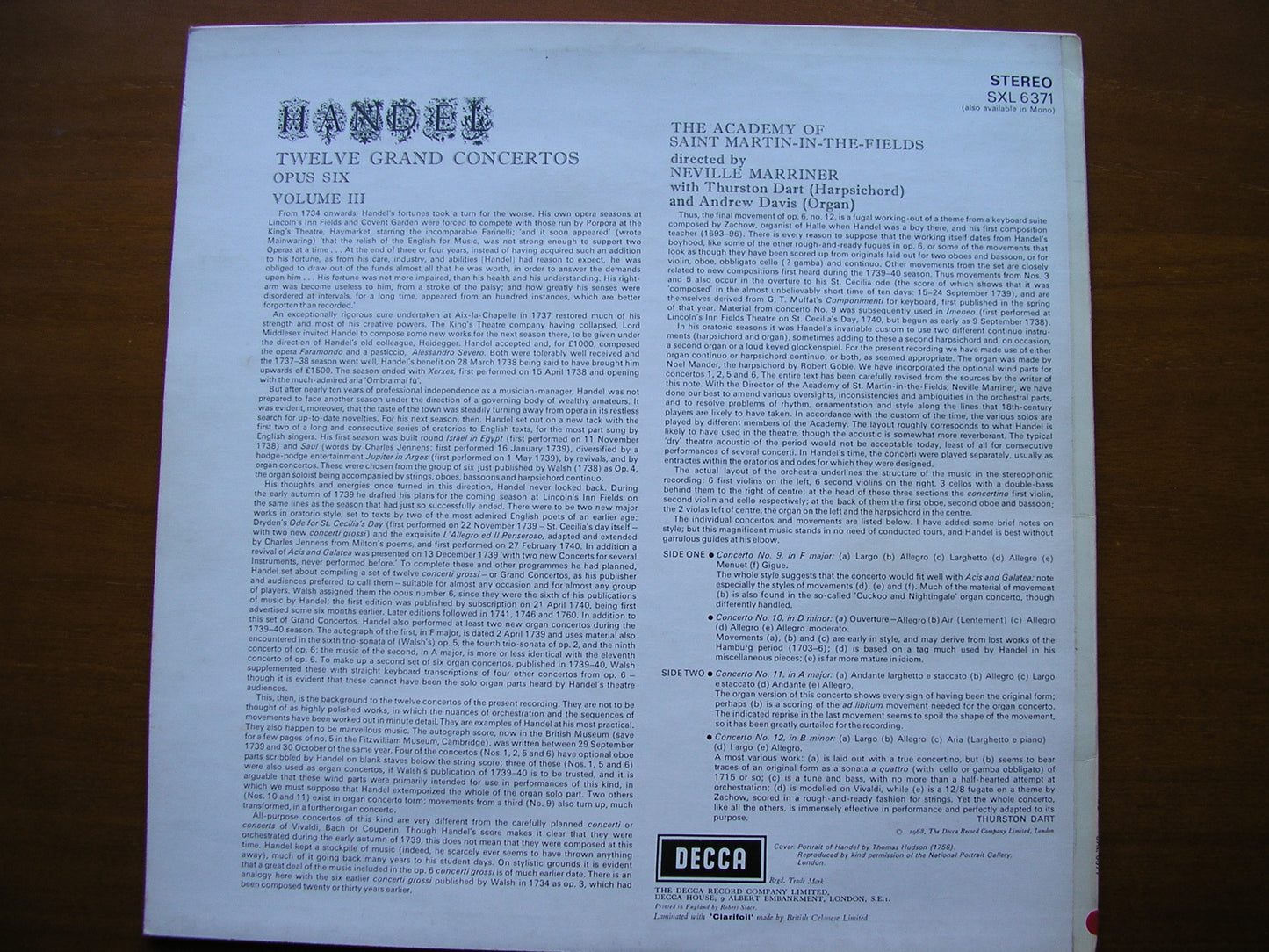 SXL 6371 HANDEL: 12 GRAND CONCERTOS Op. 6 Volume 3 MARRINER / ASMIF ED3