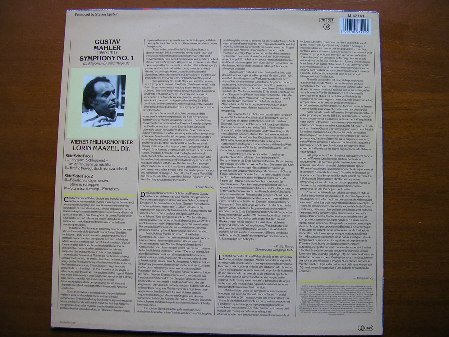 MAHLER: SYMPHONY No. 1 MAAZEL / VIENNA PHILHARMONIC IM 42141
