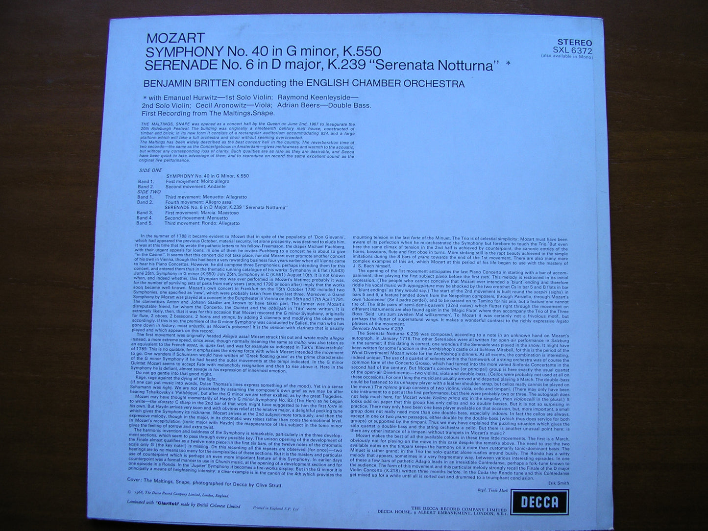 SXL 6372 MOZART: SYMPHONY No. 40 / SERENATA NOTTURNA BRITTEN / ENGLISH CHAMBER ORCHESTRA ED3