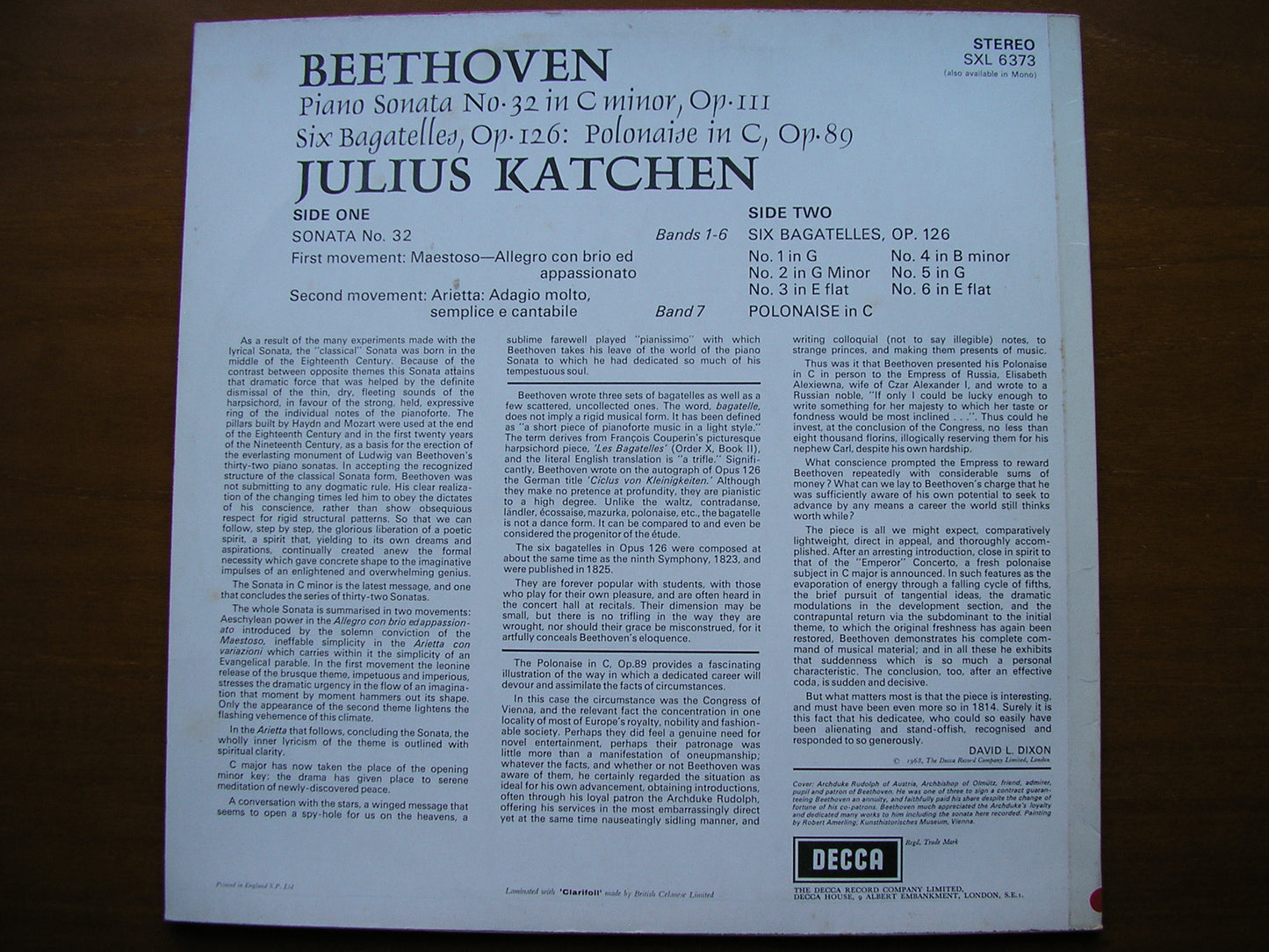 SXL 6373 BEETHOVEN: PIANO SONATA No. 32 / BAGATELLES Op. 126 / POLONAISE Op. 89 JULIUS KATCHEN ED3
