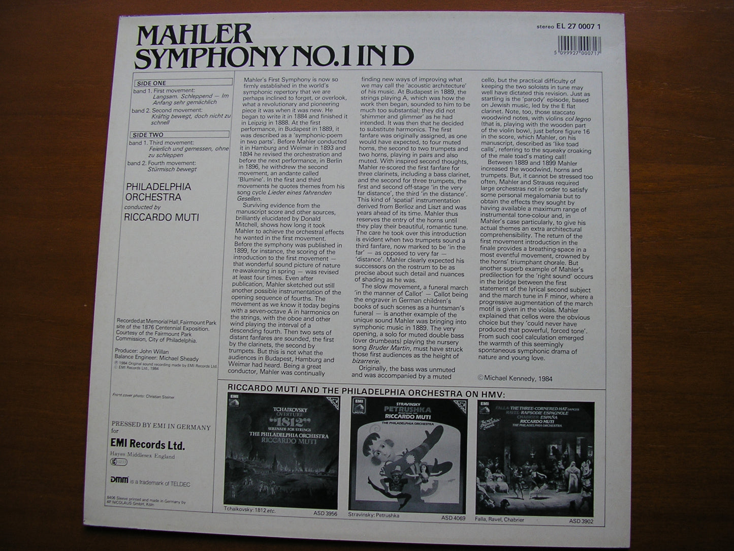 MAHLER: SYMPHONY No. 1 MUTI / PHILADELPHIA ORCHESTRA EL 27 0007