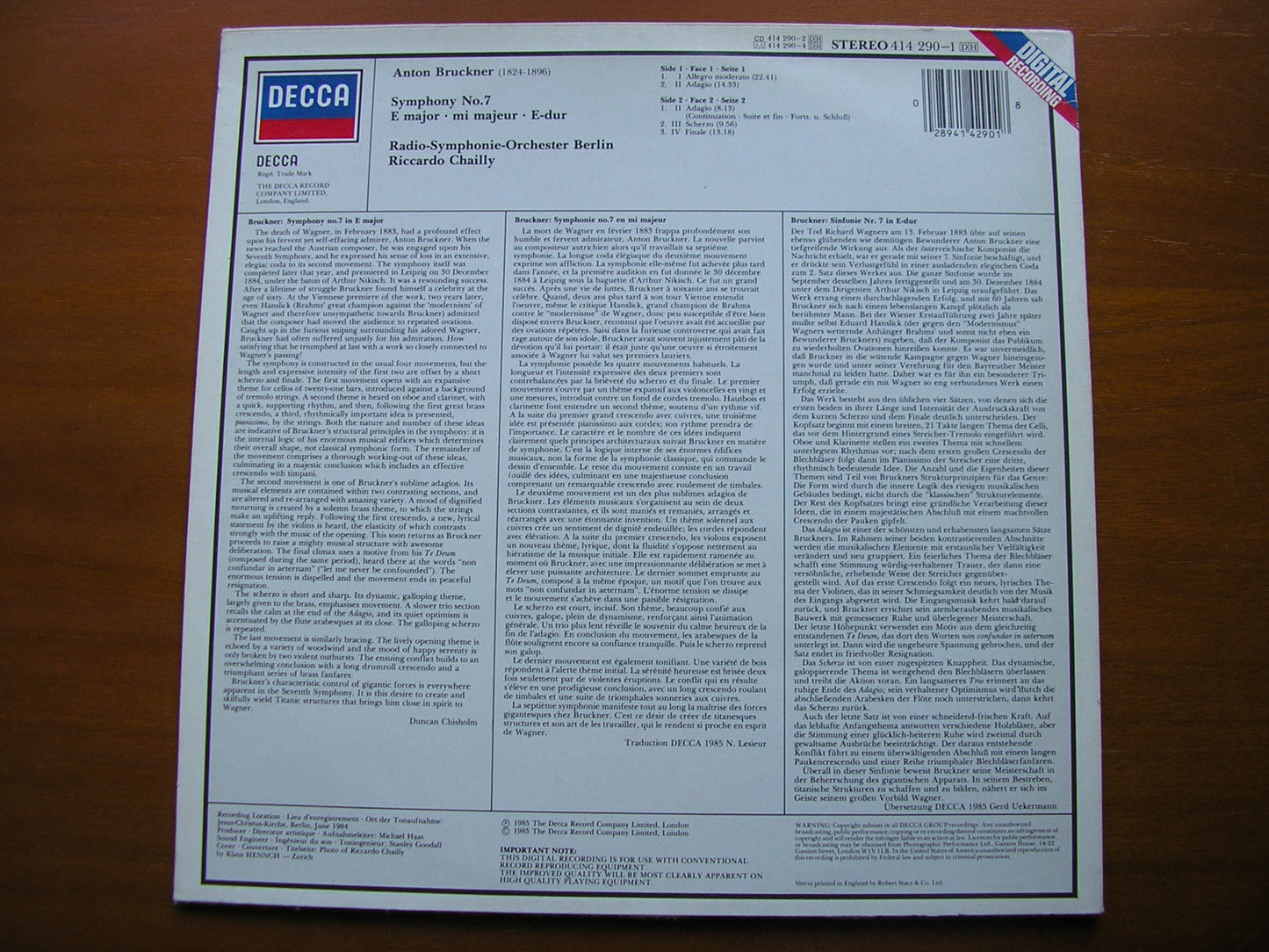 BRUCKNER: SYMPHONY No. 7     CHAILLY / BERLIN RADIO SYMPHONY    414 290