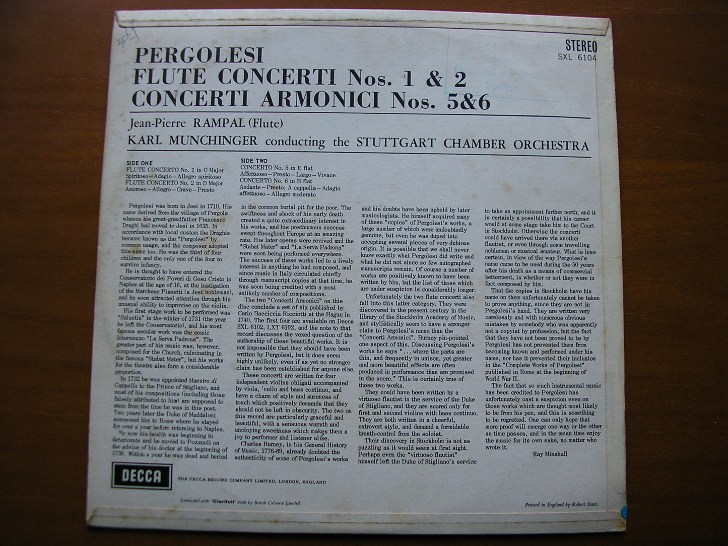 SXL 6104 PERGOLESI: CONCERTI ARMONICI Nos. 5 & 6 / FLUTE CONCERTI Nos 1 & 2 RAMPAL / STUTTGART CHAMBER ORCHESTRA / MUNCHINGER ED1