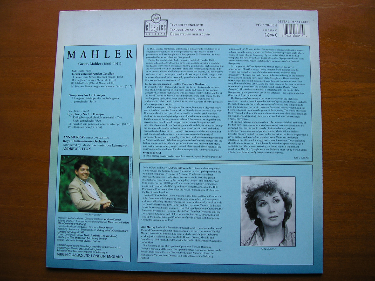 MAHLER: SYMPHONY No. 1 / LIEDER EINES FAHRENDEN GESELLEN MURRAY / ROYAL PHILHARMONIC / LITTON VC 7 90703