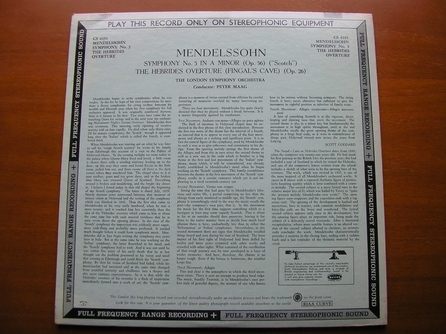 MENDELSSOHN: SYMPHONY No. 3 'Scotch' / HEBRIDES OVERTURE MAAG / LONDON SYMPHONY ORCHESTRA CS 6191