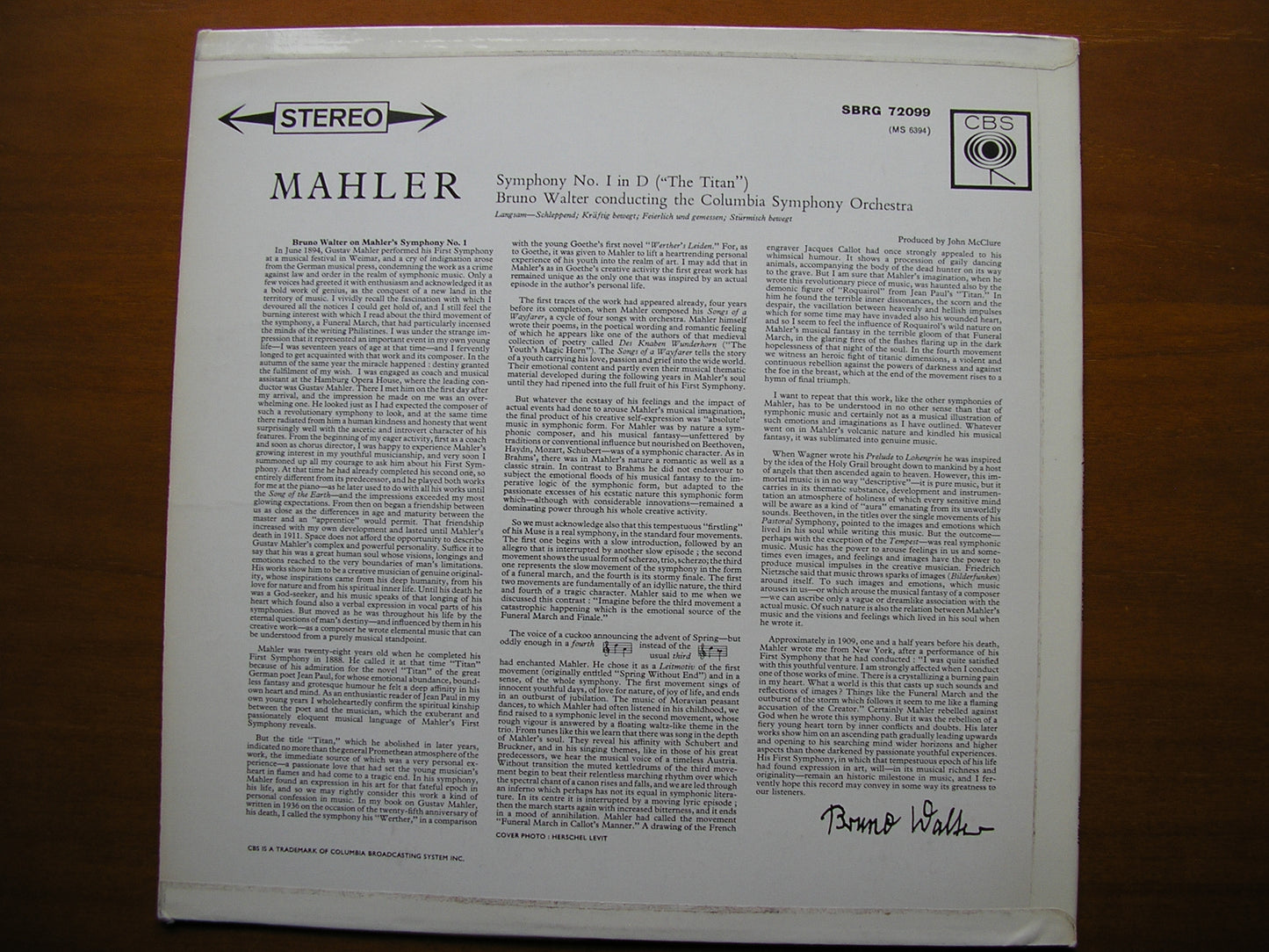 MAHLER: SYMPHONY No. 1 WALTER / COLUMBIA SYMPHONY SBRG 72099
